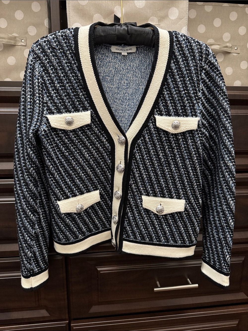 Veronica Beard Black, White & Cream Tweed Crop Cardigan